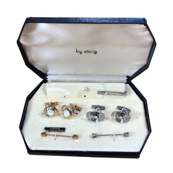 Vintage Stacy Cufflinks Tie Clips Set Mother Of Pearl Rhinestone Details Mens - Picture 1 of 16